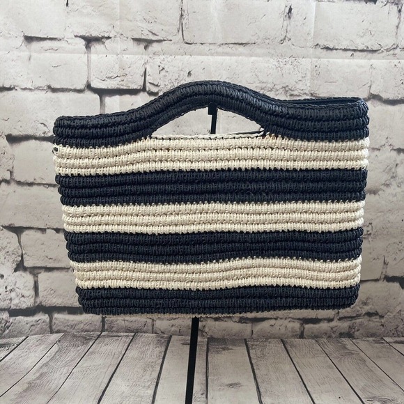 Talbots Clutch Handbag Paper Straw Striped Blue White Pineapple Print‎ Medium - Picture 2 of 10